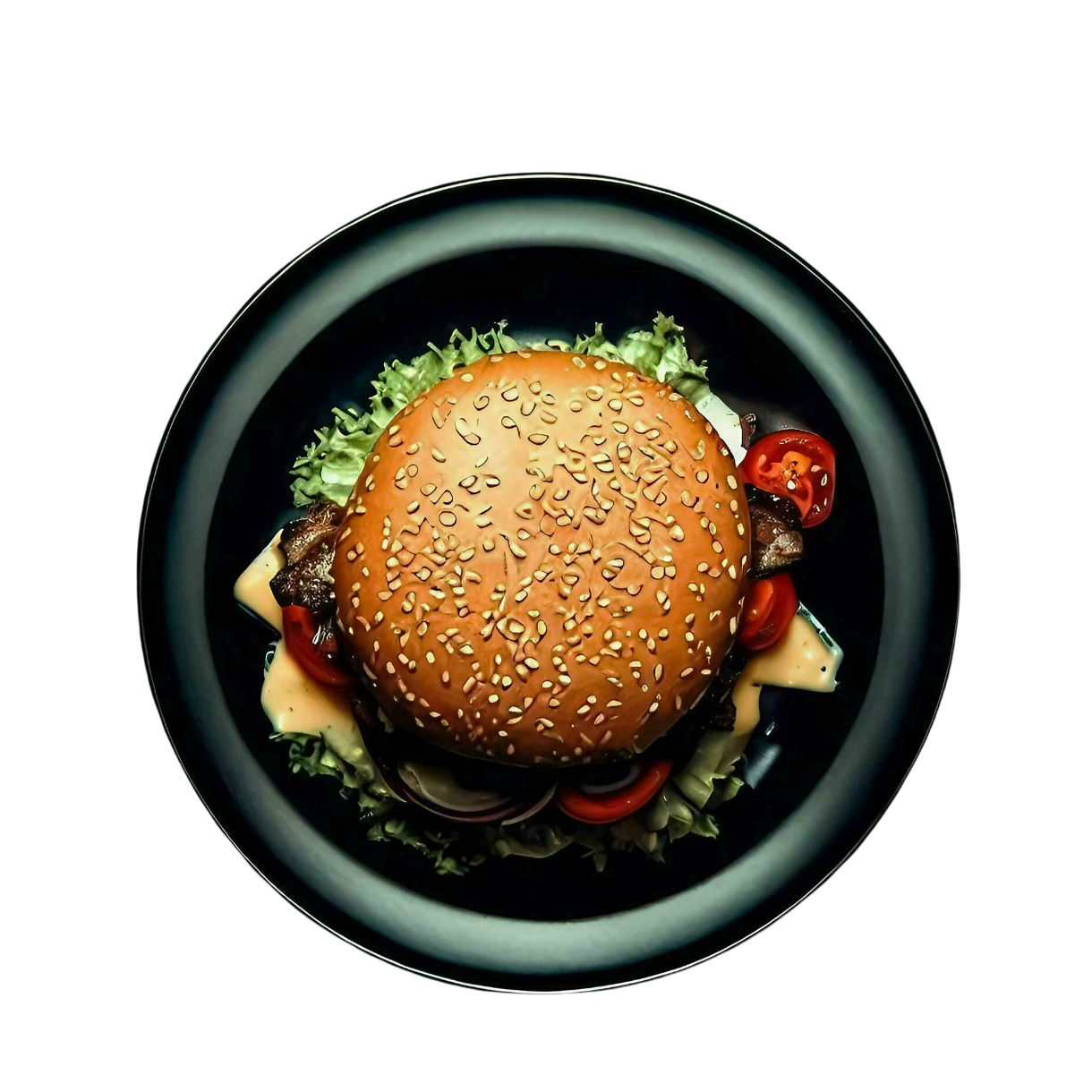 a plate of burger on black background top view ai generative free photo 1 Photoroom e1739312142584